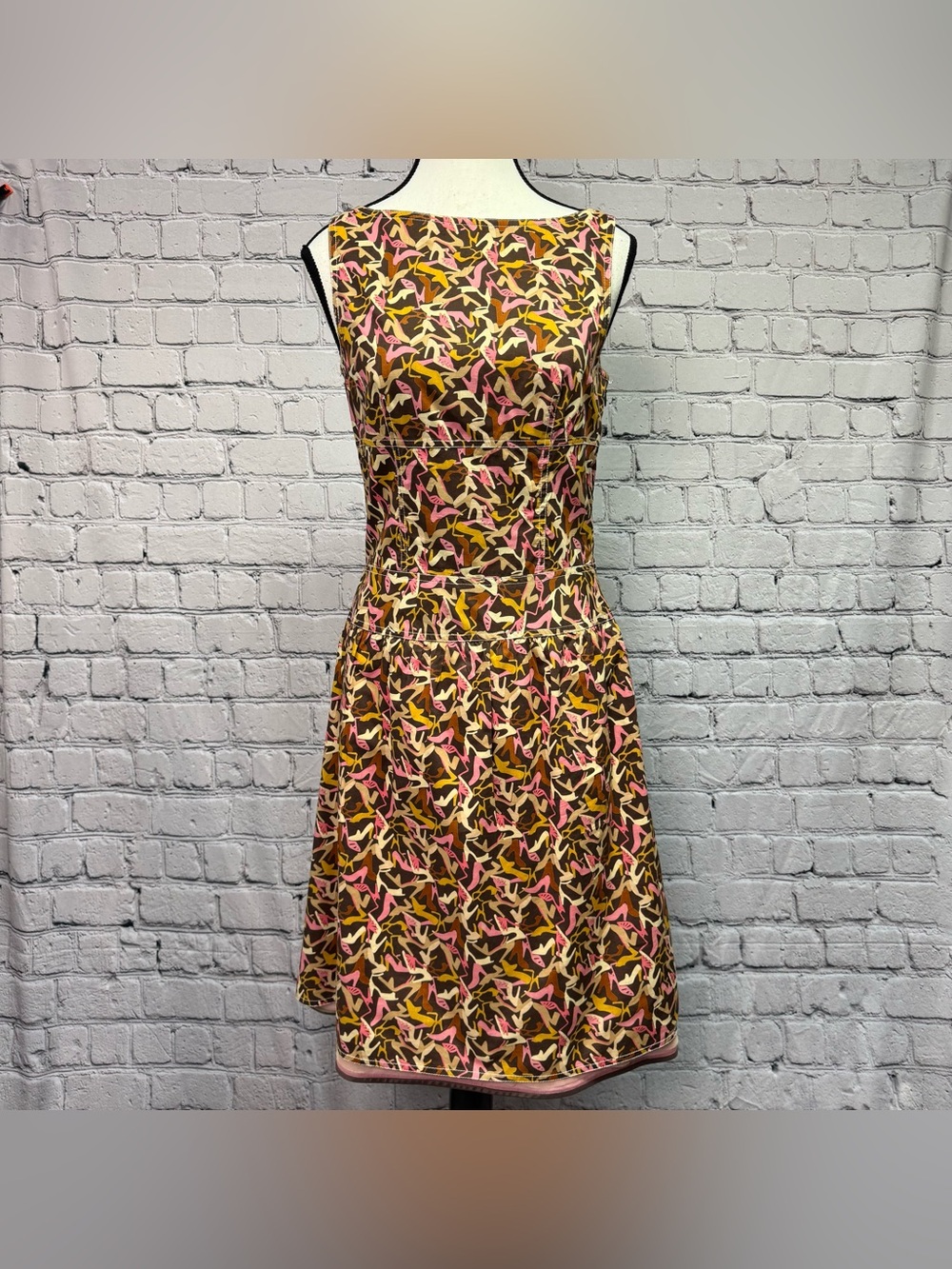 Kay Unger Shoe Heels Motif Print Retro A-Line Dress Brown, Pink & Yellow Size 4